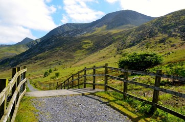 Fototapeta na wymiar Mountain road surrounded by wood fence and meadow. Summer valley photo from Wales, United Kingdom.