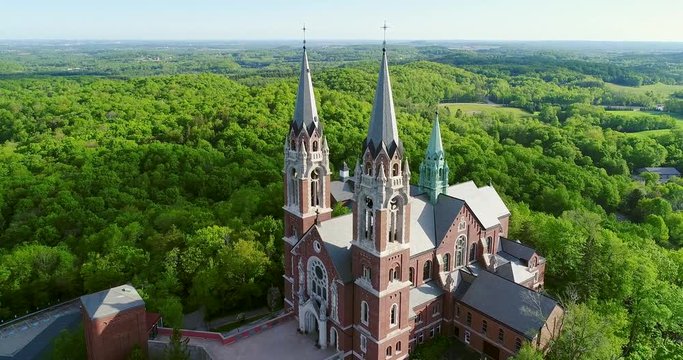 Aerial view of amazing Holy Hill church with three towering spires.
