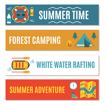 Set of horizontal banners for rafting, camping and summer activity