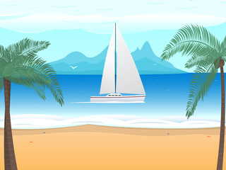 Fototapeta na wymiar Vector beach palm tree boat with sails on ocean