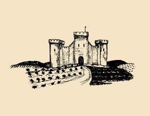 Vector old castle illustration. Gothic fortress. Hand drawn sketch of landscape with tower among rural fields and hills.