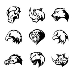 Bull, rhino, wolf, eagle, cobra, alligator, panther, boar head isolated vector logo concept set. 
Modern badge mascot design. Premium quality wild animal, bird, snake t-shirt tee print illustration.