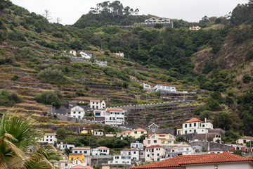 Fototapeta na wymiar Fields and houses along west coast near Porto Moniz on Madeira Island. Portugal