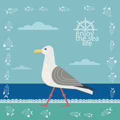 Nautical poster concept. Seagull on sandy beach. Freehand fancy cartoon style. Seaside retro vintage seashore vacation banner. Enjoy sea life emblem. Cute fishes frame. Vector background element