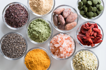Selection of superfoods on a white background