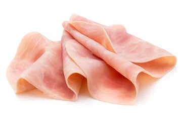 Foto op Plexiglas Thin slices of ham on white background. © gitusik