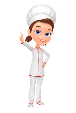 Girl chef isolated on white background showing the peace of the world. 3d rendered illustration.