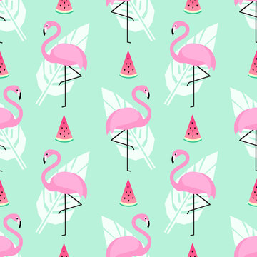 Tropical trendy seamless pattern with pink flamingos, watermelon and palm leaves on mint green background. Exotic Hawaii art background. Design for fabric, wallpaper, textile and decor.