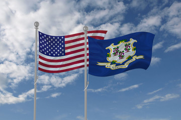 Connecticut and USA flag waving in the sky