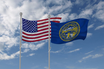 Nebraska and USA flag waving in the sky
