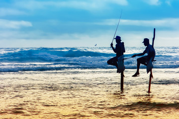 Traditional fishermen on sticks at the sunset in Sri Lanka.