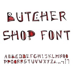 Butcher Shop Decorative Meat Font, Alphabet. Realistic Doodle Cartoon Style Hand Drawn Sketch Vector Illustration.Isolated On a White Background.