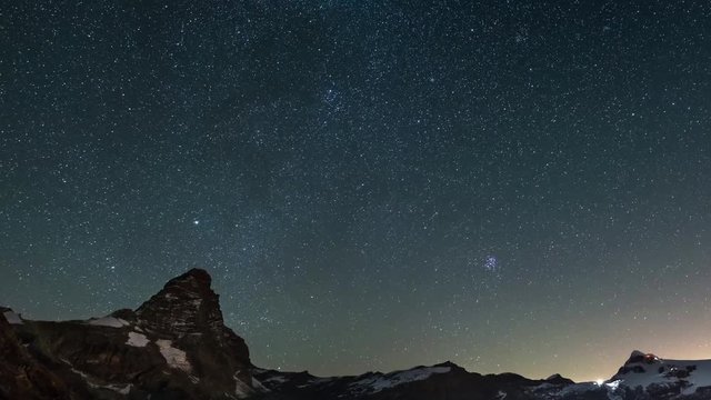 The apparent rotation of the starry sky over the majestic Matterhorn or Cervino mountain peak and the Monte Rosa glaciers, italian side. Time Lapse video.
