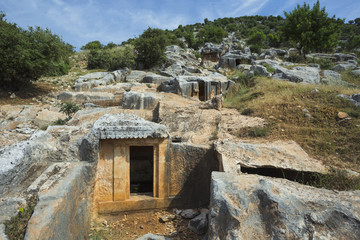 Fototapeta na wymiar Ancient antique burial in rocks in Demre. Turkey