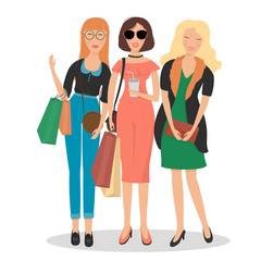 Beautiful woman in fashion clothes with shopping. Women with different personalities and styles on a white background. Flat style vector illustration