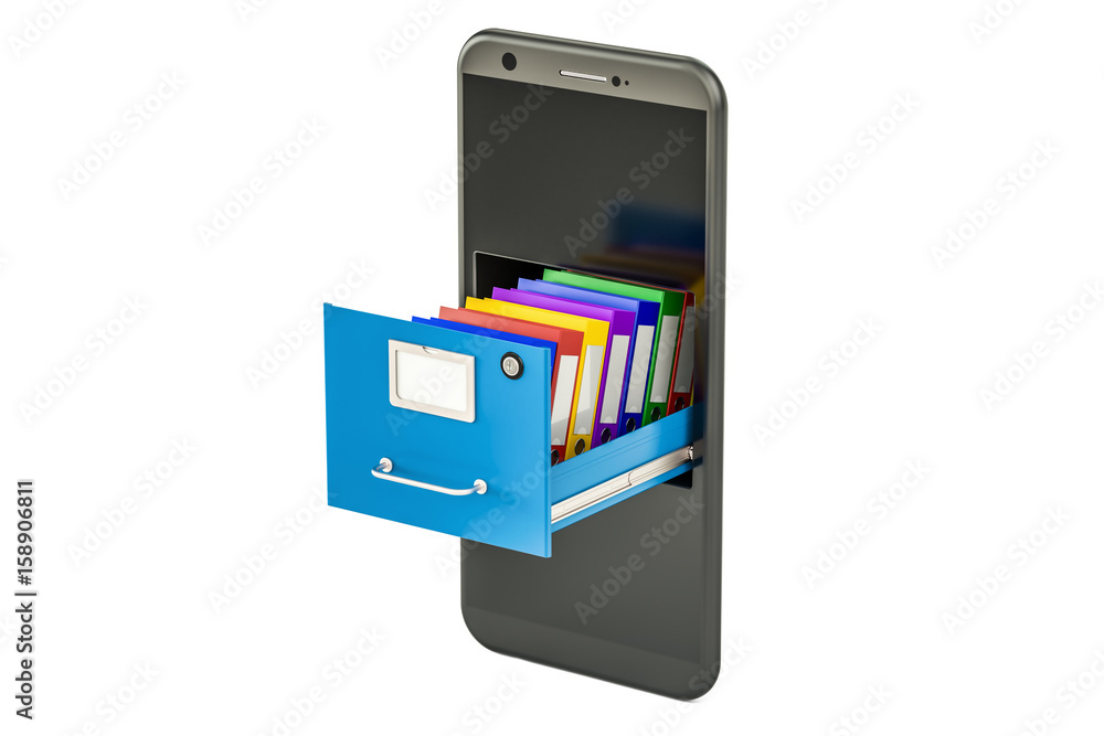 Poster phone data storage. smartphone with folders in filing cabinet, 3d rendering