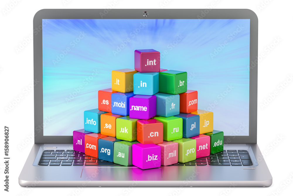 Poster set of colored cubes with domain names and laptop, 3d rendering