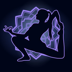 Silhouette of a woman doing yoga exercises. Neon mandala on the background. Vector image.