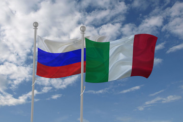 Russia and Italy flag waving in the sky