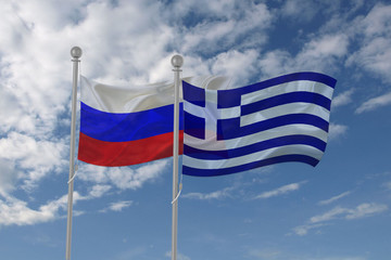 Russia and Greece flag waving in the sky