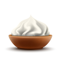Vector Realistic White Whipped Cream in Clay Bowl Isolated on White Background