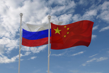 Fototapeta na wymiar Russia and China flag waving in the sky