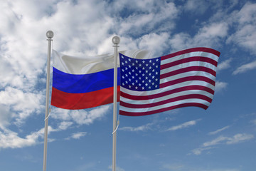 Russia and USA flag waving in the sky