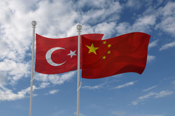 Turkey and China flag waving in the sky