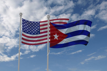 USA and Cuba flag waving in the sky