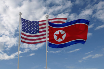 USA and North Korea flag waving in the sky
