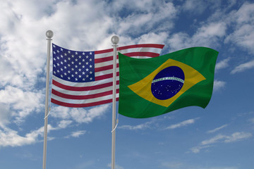 USA and Brazil flag waving in the sky