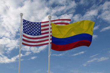 USA and Colombia flag waving in the sky