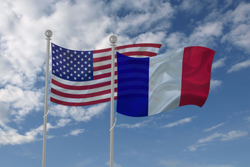 USA and France flag waving in the sky