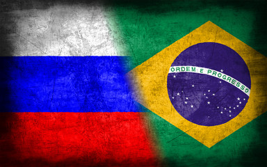 Russia and Brazil flag with grunge metal texture