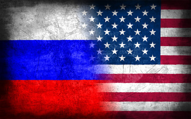 Russia and USA flag with grunge metal texture