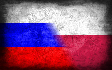 Russia and Poland flag with grunge metal texture