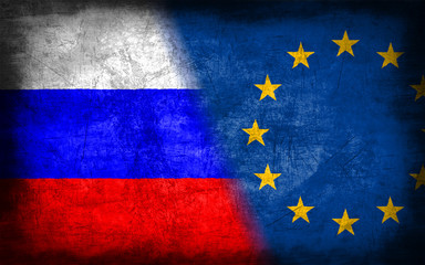 Russia and European Union flag with grunge metal texture