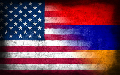 USA and Armenia flag with grunge metal texture