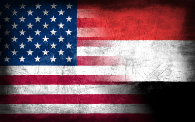 USA and Yemen flag with grunge metal texture