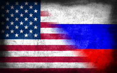 USA and Russia flag with grunge metal texture