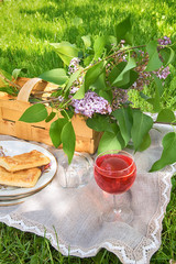 Picnic with tea baking book on a plaid in a park on a green grass travel holiday concept
