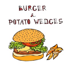 Big Hamburger or Cheeseburger with Potato Wedges. Burger Lettering. Isolated On a White Background. Realistic Doodle Cartoon Style Hand Drawn Sketch Vector Illustration.