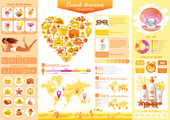 Summer beach travel icon set infographics diagram. Sea vacation icons, isolated background. People traveling - tourism symbol, world map, pearl, diving, surfing, ship sailing, yachting, sun protection