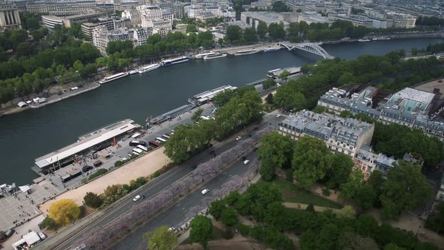 View of cityscape of Paris, Ile de France, France from Seine river to stadium from the Centre sportif Emile Anthoine