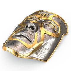 Iron mask on face, with gold inserts on isolated white background. 3d illustration