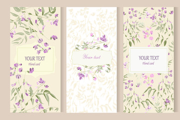 Hand drawn wild flower wedding invitation card set. Invitation card template with floral background. 