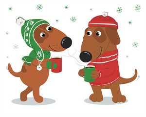 Christmas card with cute cartoon dogs wearing hats and sweater and coffee. A couple in love. On a white background. Vector illustration.