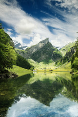 Fototapeta na wymiar Wunderschöner Seealpsee spiegelt das Alpstein Gebirge