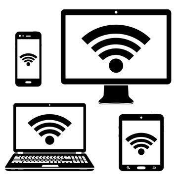 Computer display, laptop, tablet and smartphone icons with wifi internet connection symbol