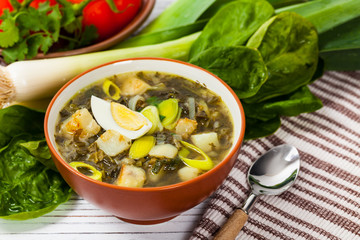 Russian Potato, Spinach, and Sorrel Soup. Selective focus.